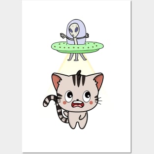 Funny tabby cat is being abducted by aliens Posters and Art